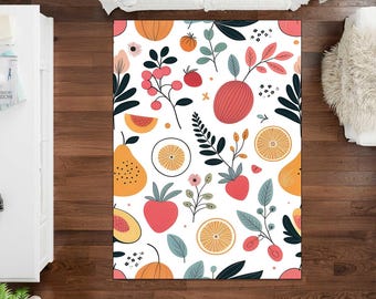 Fruits Rug, Botanical Rug, Garden Carpet, Pear, Strawberry, Watermelon, Orange, Fern, Avocado,  Flower Rug, For Kitchen, Gift For Mommy