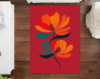 Floral Area Rug, Botanical Flower Rug, Vintage Patterned Garden Carpet, Cottagecore Floral Decor, Colorful Bedroom Rug, Nature, Poppy Flower