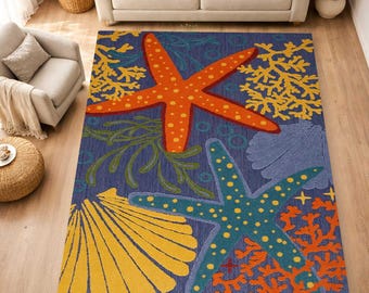 Kids Room Rug, Starfish, Fish, Oyster Shell, Marine Life, For Boat, Yacht, Sea, Custom, Ocean, Printed Carpet,Living Room,Indoor/Outdoor Mat