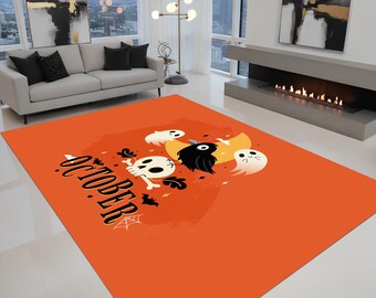 Halloween Area Rug, Spooky Halloween Carpet, Pumpkin Ghost Rug, Gothic Fall Decor, Haunted House Floor Mat, Living Room Halloween Decor