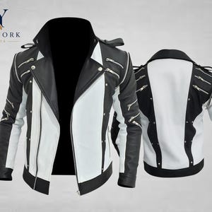May include: A black and white leather jacket with multiple silver zippers and a notched collar. The jacket features a two-tone design with white panels and black accents. The jacket is displayed from the front and back.