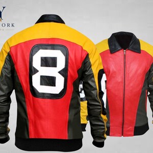 May include: Two leather jackets, one with the back view and the other with the front view. The jackets are red, yellow, black, and white. The number "8" is prominently displayed on the back of one jacket. The text "NY NEW YORK JACKETS" is in the upper left corner.