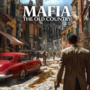 May include: A street scene with the text "MAFIA THE OLD COUNTRY" at the top. A red vintage car is parked on the left, and a man in a suit walks down the street, holding a gun. The scene has a vintage aesthetic.