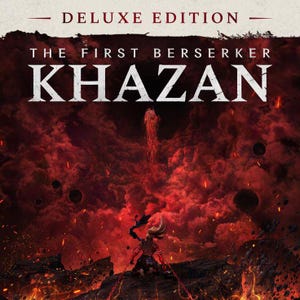 Könnte beinhalten: Deluxe Edition Cover-Art für "The First Berserker: Khazan". Das Bild zeigt einen feurigen roten und orangen Hintergrund mit dem Titel in großen weißen Buchstaben. Im Vordergrund ist eine Kriegerfigur dargestellt, mit einer dramatischen, actionorientierten Szene.