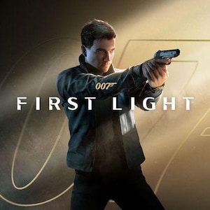 May include: A digital illustration of a person in a dark jacket holding a small black handgun with both hands. The text 007 and FIRST LIGHT appear in white. The background features a large, stylized gold 007 logo against a dark, gradient backdrop.
