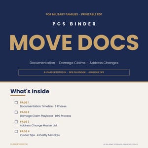 Könnte beinhalten: Ein marineblau-beiger PCS-Ordner mit dem Titel "MOVE DOCS" für Militärfamilien. Der Ordner enthält Abschnitte zu Dokumentation, Schadensansprüchen und Adressänderungen. Er listet auch ein 6-Phasen-Protokoll, ein DPS-Handbuch und Insidertipps auf.