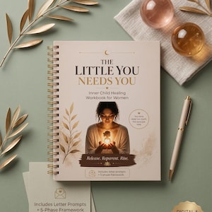 Puede incluir: Un cuaderno encuadernado en espiral titulado "The Little You Needs You" con el subtítulo "Inner Child Healing Workbook for Women". La portada presenta una ilustración de una mujer sosteniendo una figura brillante. Incluye indicaciones de cartas y un marco de 5 fases. También hay un bolígrafo y elementos decorativos.