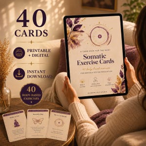 May include: A digital tablet displays a Somatic Exercise Cards deck with purple floral accents and text. Three physical cards are laid out on a table, each featuring a specific exercise title and instructions. The set includes 40 cards total.