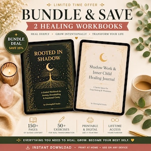 May include: A digital bundle of two healing workbooks titled Rooted in Shadow and Shadow Work & Inner Child Healing Journal. The black and cream covers feature gold moon and tree illustrations, with text detailing 150+ pages and 50+ exercises.
