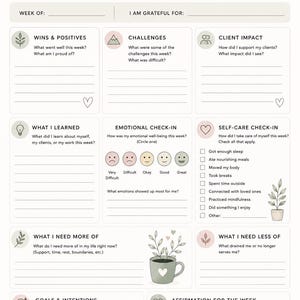 May include: A weekly reflection worksheet for social workers, featuring sections for wins, challenges, client impact, and self-care. The design includes botanical illustrations and the text "Reflect. Recharge. Realign."