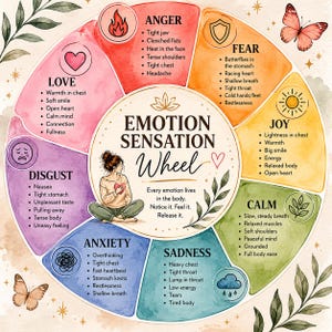 Op de afbeelding: Een cirkelvormig emotie-sensatiewiel met aquarelsegmenten voor liefde, woede, angst, vreugde, kalmte, verdriet, angst en walging. Elke sectie bevat een lijst met fysieke symptomen, met een centrale illustratie van een zittend persoon.