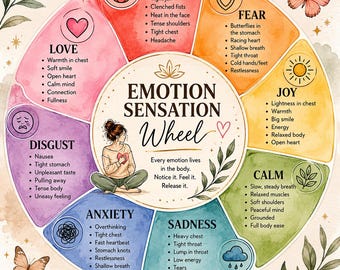 May include: A circular Emotion Sensation Wheel chart featuring watercolor segments for love, anger, fear, joy, calm, sadness, anxiety, and disgust. Each section lists physical symptoms of emotions, with a central illustration of a person sitting.