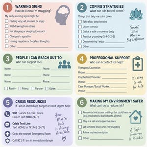 May include: A My Safety Plan worksheet with six numbered sections including Warning Signs, Coping Strategies, People I Can Reach Out To, Professional Support, Crisis Resources, and Making My Environment Safer, featuring pastel colors and text.