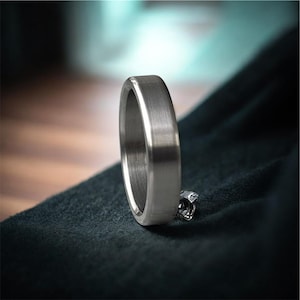 May include: A silver-colored ring with a brushed metal finish. The ring is standing upright on a dark green fabric. A small, sparkling accent is visible near the base of the ring.