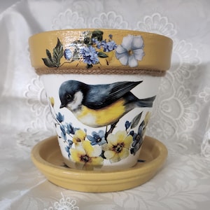 Hand-painted Terra Cotta Flower Pot with Saucer – Blue and Yellow Bird and Floral Design, 6” Planter - Plant Pot