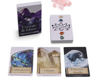 Oracle Cards with Crystals & Elixirs  + 500g Raw Gemstones Gift Set | Healing Energy Deck, Meditation Crystal Bundle