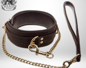 Braunes Leder-Bondage-Halsband – Verstellbar, aus weichem Nubukleder, BDSM-Halsband, D-Ring-Leinenbefestigung – WickedPixieClub