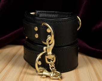 Black Leather Restraints Set for Couples – Adjustable Slim Wrist Cuffs, Padded Nubuck Fetish Accessories
