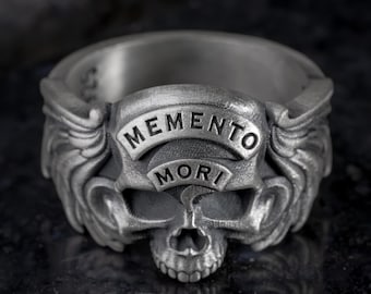 Memento Mori Ring in Sterling Silver, Gothic Mens Skull Ring with Angel Wings