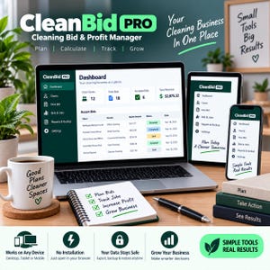 May include: CleanBid PRO software displayed on a laptop, tablet, and smartphone. The screen shows a dashboard with client data, bid status, and revenue. A notebook with handwritten goals, a pen, and a mug with text sit on the desk.