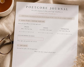 Poetcore-dagboek afdrukbaar | Pagina met dagelijkse invoer | Literaire esthetiek | Minimalistische A4 pdf | Op het lichaam gebaseerd schrijfdagboek