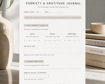 Afdrukbaar dagboek voor soberheid en dankbaarheid | Hersteldagboek pdf | Daily Sober Tracker | Body Awareness Check-in | A4 en US Letter