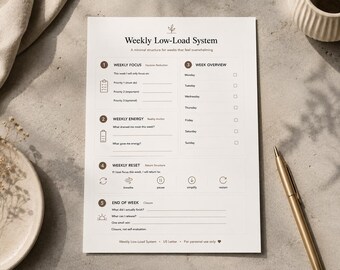 Puede incluir: Una hoja de planificación de papel blanco titulada Weekly Low-Load System con secciones para Weekly Focus, Weekly Energy, Week Overview, Weekly Reset y End of Week. El diseño presenta texto marrón oscuro, círculos numerados e iconos.