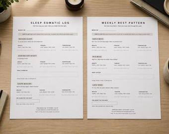 Slaaptracker + wekelijkse rustpatroon afdrukbaar | Op het lichaam gebaseerde slaap- en weekbeoordeling | Minimalistische A4-pdf-bundel