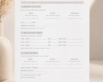 Afdrukbaar voedings- en symptoomdagboek | Darmgezondheidstracker pdf | Dagelijks voedingsdagboek en lichaamssignalen | A4 en food journal US Letter