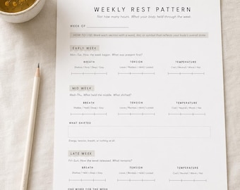 Afdrukbaar patroon voor wekelijkse rust | Op het lichaam gebaseerde weekrecensie | Minimalistische A4 pdf | Herstel van inktsteun bijna op