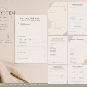May include: A collection of nine printable PDF planner pages titled The Soft System, featuring a Soft Morning Ritual sheet, daily planners, habit trackers, and journals with a neutral beige color palette and clean, organized text layouts.