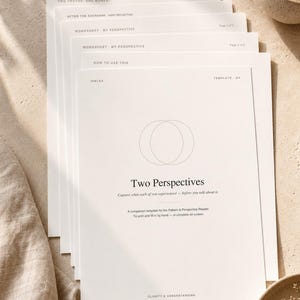 Puede incluir: Una pila de hojas de papel A4 blancas tituladas Two Perspectives, con un gráfico de diagrama de Venn, la marca Inklea y texto instructivo para capturar experiencias personales, diseñadas para imprimir o completar digitalmente.