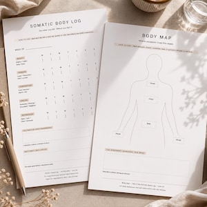 May include: Two white paper pages with text and illustrations. One page is a "Somatic Body Log" with a weekly chart. The other is a "Body Map" with a human figure outline. A pen rests on a neutral-toned notebook.