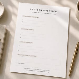 May include: A white paper sheet titled PATTERN OVERVIEW with sections for MY MOST COMMON TRIGGERS, WHERE I FEEL IT FIRST, MY FASTEST RESOURCES, and ONE THING I WANT TO PRACTICE. The document includes lines for notes and text at the bottom.