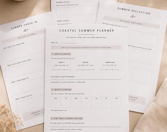Afdrukbare kust zomerplanner | Wekelijkse, op het lichaam gebaseerde zomerplanner | Minimalistische A4 pdf | Niet gedateerd