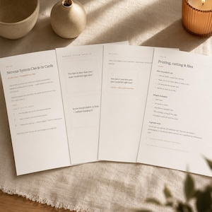 May include: Four white rectangular paper sheets featuring black text titled Nervous System Check-In Cards. The pages include instructions, sample questions like How fast or slow does your inner world feel right now?, and printing guidelines.
