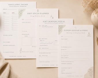 Afdrukbare bundel Soft Week System | Minimalistische plannerset | A4 US Letter pdf | Ochtend Dag Avond Tracker