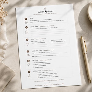 May include: A white paper document titled Reset System with six numbered steps for mental organization. The text includes sections for Stop, Brain Dump, Sort, Next Tiny Step, Release, and Grounding, featuring icons and lines for writing notes.