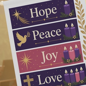 May include: A white rectangular garden flag featuring four horizontal panels with the words Hope, Peace, Joy, and Love. Each section includes illustrations of lit candles, a gold star, a dove, and a cross, with a gold laurel branch on the right.