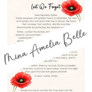 Könnte beinhalten: Eine Gedenkkarte mit dem Text "Lest We Forget" und einem Gebet. Die Karte zeigt zwei rote Mohnblumen-Illustrationen. Die Worte "Mina Amelia Belle" sind kursiv geschrieben. Die Karte enthält ein Zitat aus Johannes 15:13.
