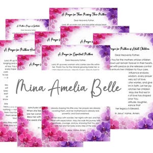 May include: A selection of prayer cards with pink and purple floral borders. The cards contain prayers for mothers and expectant mothers. The name "Mina Amelia Belle" is written in a stylish script across the image.
