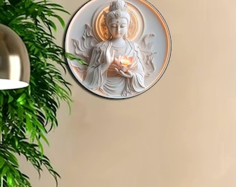 Guanyin Lotus Runde Wandkunst, buddhistisches Aluminiumschild 20,3 cm, Heilige Göttin-Dekor für Zuhause Büro Meditations-Raum
