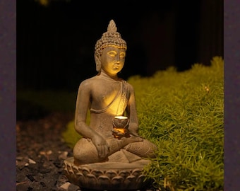 Meditating Buddha Statue with Tealight Holder, Lotus Candle Holder Zen Garden Decor, Meditation Room Gift