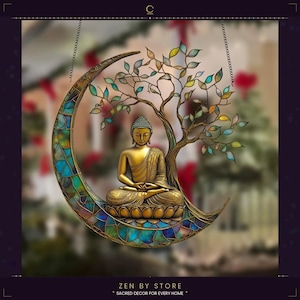Mediterande guldfärgad Buddha-solfångare, konstmålat glas, halvmånefönsterhänge, bodhiträd, lotusheminredning, färgglad helig zenkonst