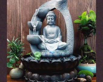Buddha Water Fountain Indoor, Cascading Tabletop Fountain with LED Light, Zen Meditation Decor, EU Plug