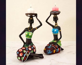 African Woman Figurine Candle Holder Set of 2, Hand Painted Resin Tribal Lady Statue, Boho Home Decor Shelf Accent