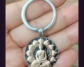 Buddha Lotus Keychain Glass Cabochon, Meditation Keyring Spiritual Gift, Zen Buddhist Key Ring, Mindful Accessory for Yoga Lover