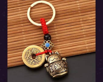 Lucky Cat Keychain with Five Emperor Coins, Maneki Neko Brass Keyring, Feng Shui Fortune Charm, Chinese Good Luck Gift, Bag Charm