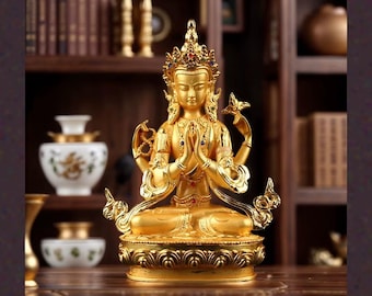 Four Armed Chenrezig Statue Gold Plated Metal, Avalokiteshvara Tibetan Buddhist Figurine, Sacred Altar Decor