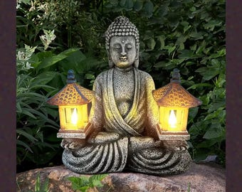 Meditating Buddha Statue with Pagoda Lanterns, Zen Garden Ornament with LED Light, Spiritual Home Decor Gift